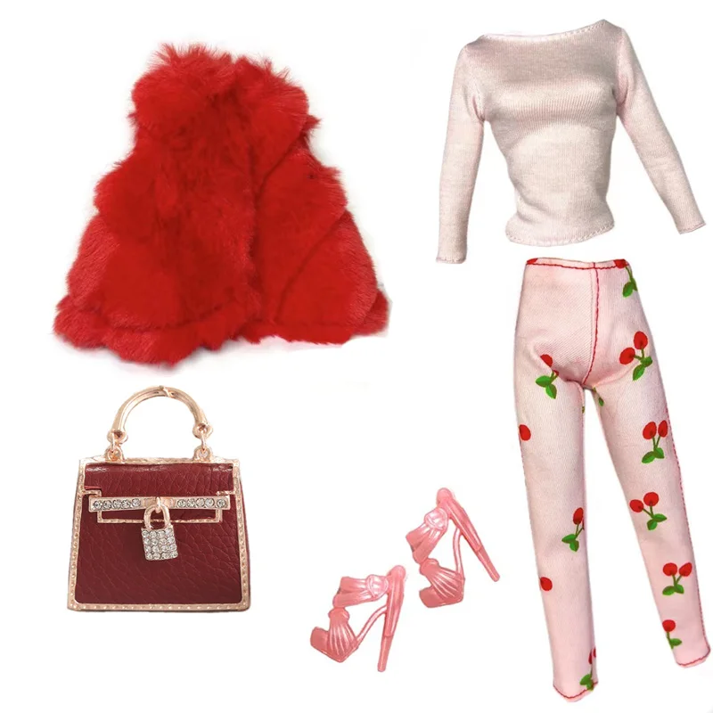 Pink Winter Fur Coat Jacket with Flower pants Set for 27-30cm Doll Clothes Outfits Overcoat for 1/6 BJD Dolls Accessories Toys