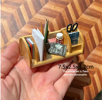 DollHouse Wooden Oil Paint Box Color Pencil Crayon Model Set Utility Knife Glue Stapler Origami Math School Accessories Bjd Doll