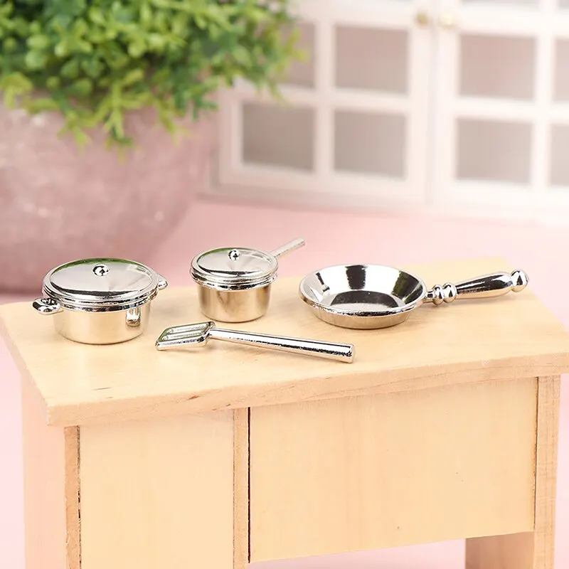 4Pcs or 6 Pcs 1:12 Dollhouse Miniature Metal Mini Pot Set Doll House Kitchen Furnitures Cookware Pans Food Toys Set DIY Scene