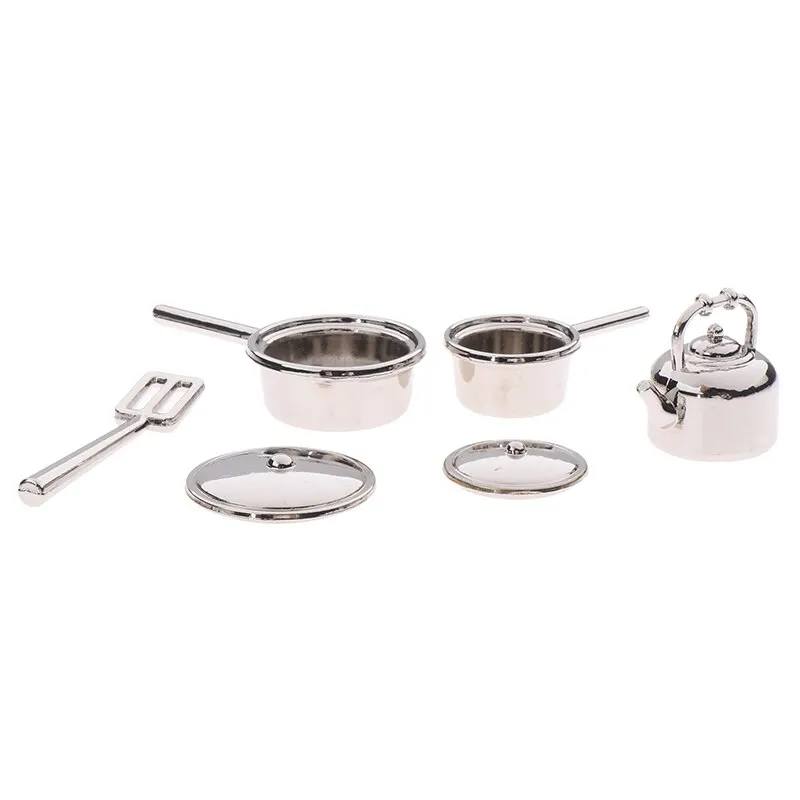 4Pcs or 6 Pcs 1:12 Dollhouse Miniature Metal Mini Pot Set Doll House Kitchen Furnitures Cookware Pans Food Toys Set DIY Scene