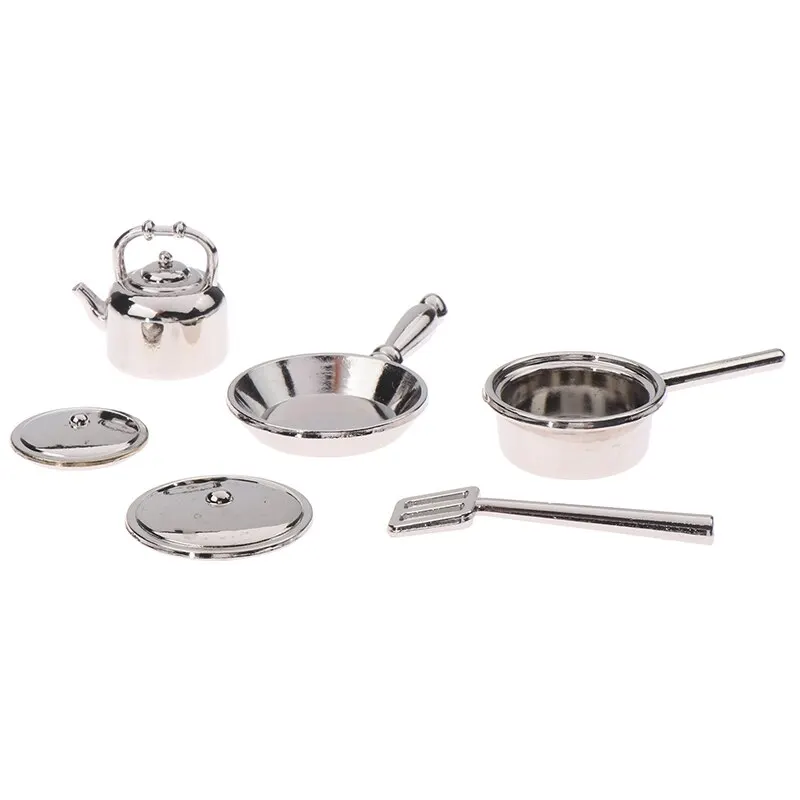 4Pcs or 6 Pcs 1:12 Dollhouse Miniature Metal Mini Pot Set Doll House Kitchen Furnitures Cookware Pans Food Toys Set DIY Scene