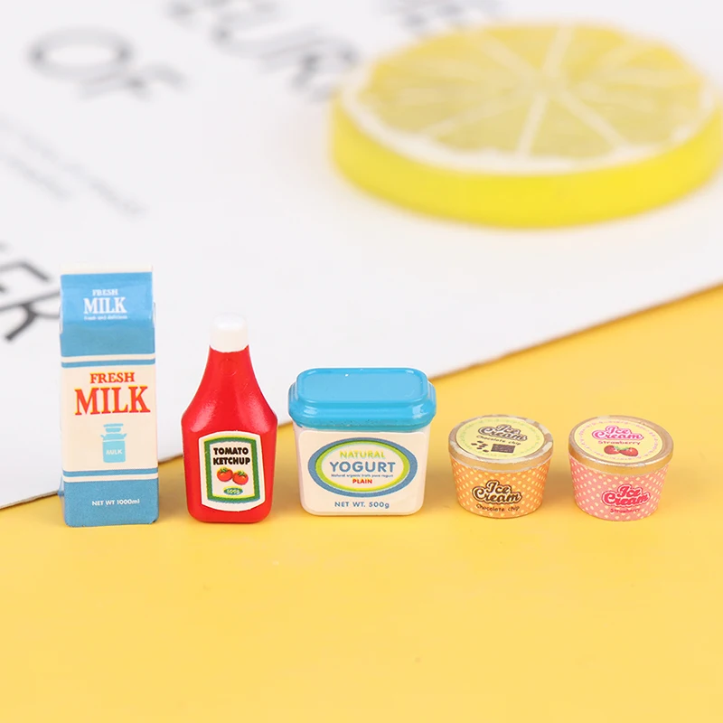 5Pcs/Set 1:12 Dollhouse Miniature Food Mini Tomato Sauce Iced Yogurt Dolls Kitchen Toy