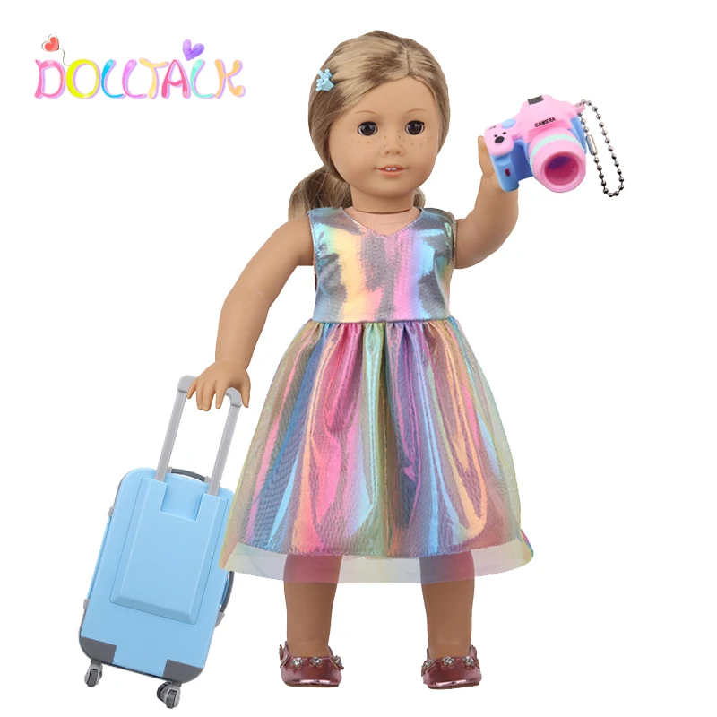 Fashion Doll Accessories Clothes Travel PU Suitcases For 18'' American Toys For Girl's Gift Mini Camera,43 cm Reborn Dolls