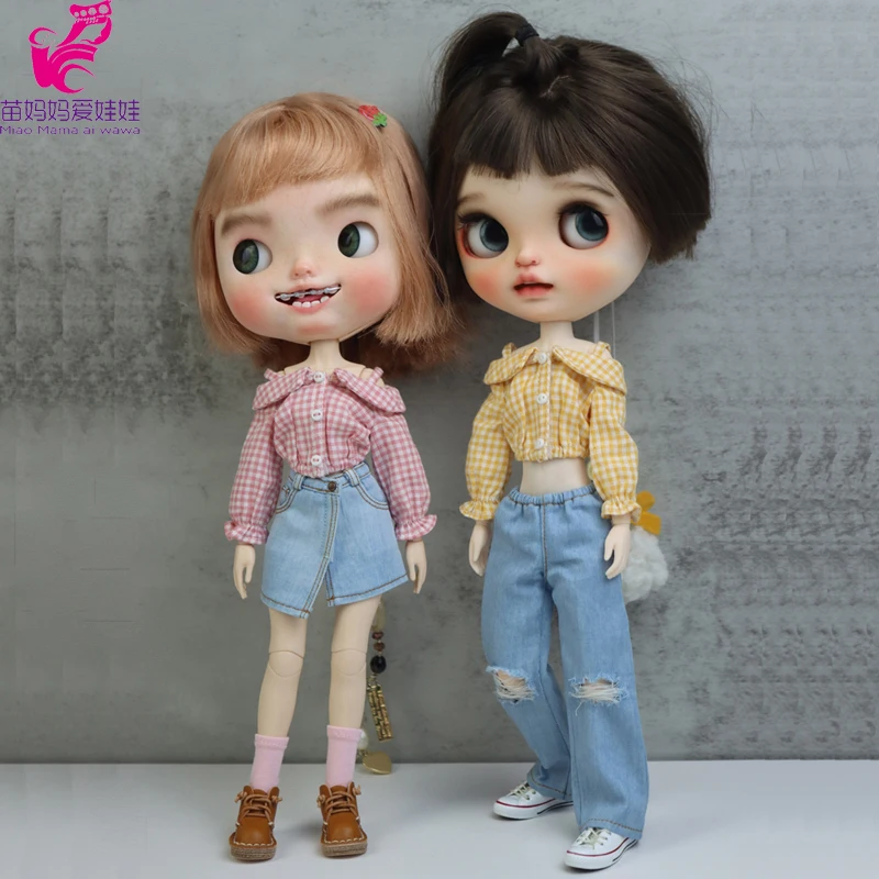 Blythe Doll Clothes Ripped Jeans And Pink White Black T-shirt For Doll OB24 Azone Doll Outfits