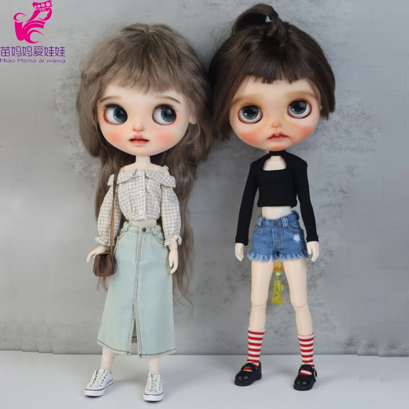 Blythe Doll Clothes Ripped Jeans And Pink White Black T-shirt For Doll OB24 Azone Doll Outfits