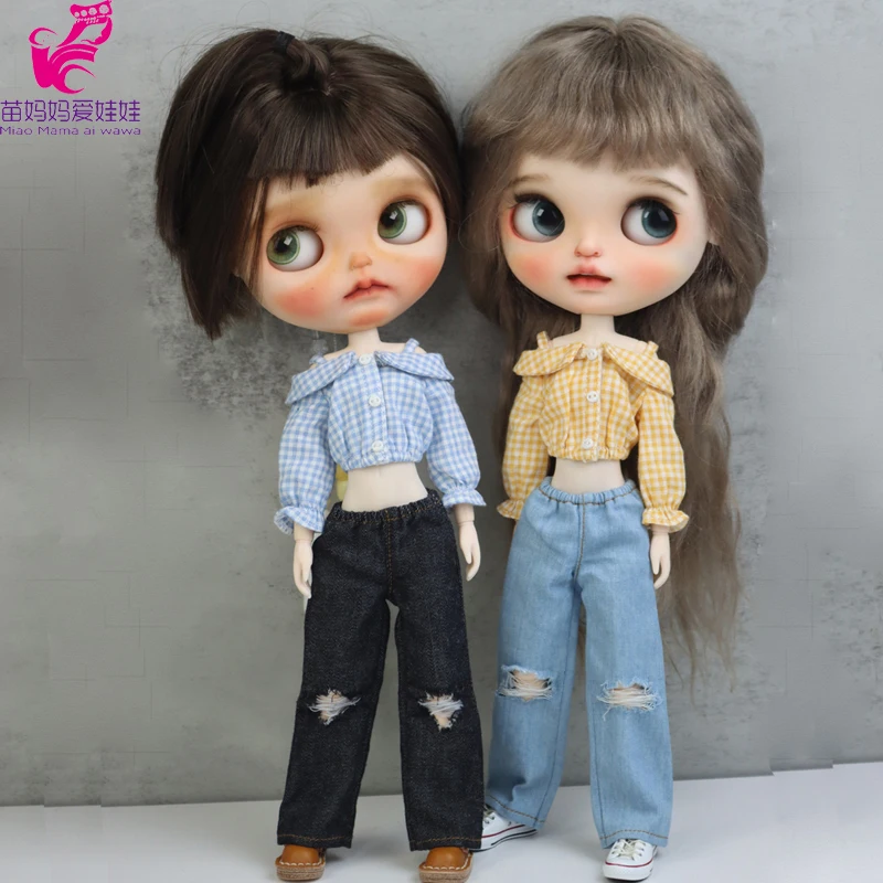 Blythe Doll Clothes Ripped Jeans And Pink White Black T-shirt For Doll OB24 Azone Doll Outfits