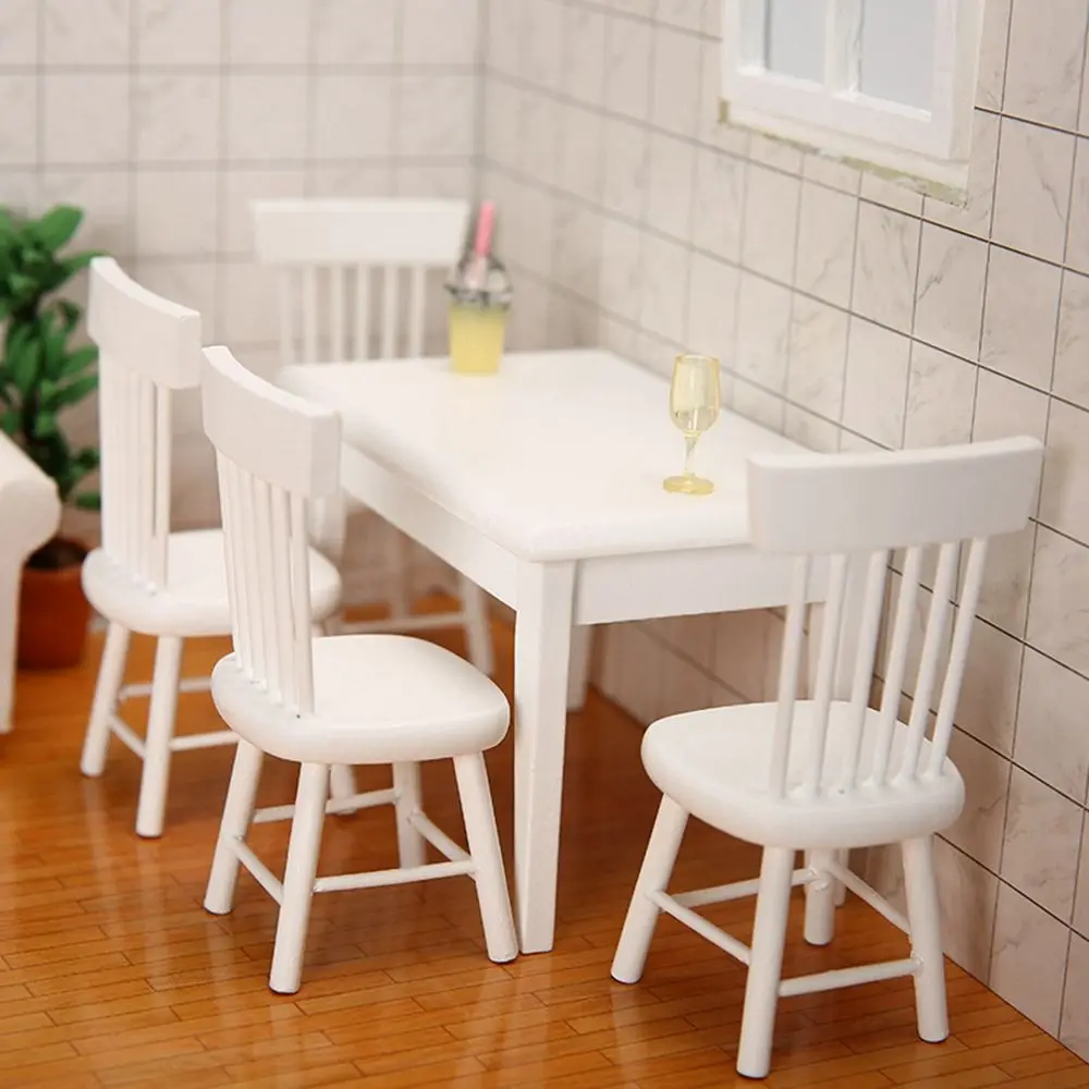 1/12 Dollhouse Decoration Miniature Table Furniture Toys Simulation Chair Model Set Wooden White Dining Table Doll Accessories