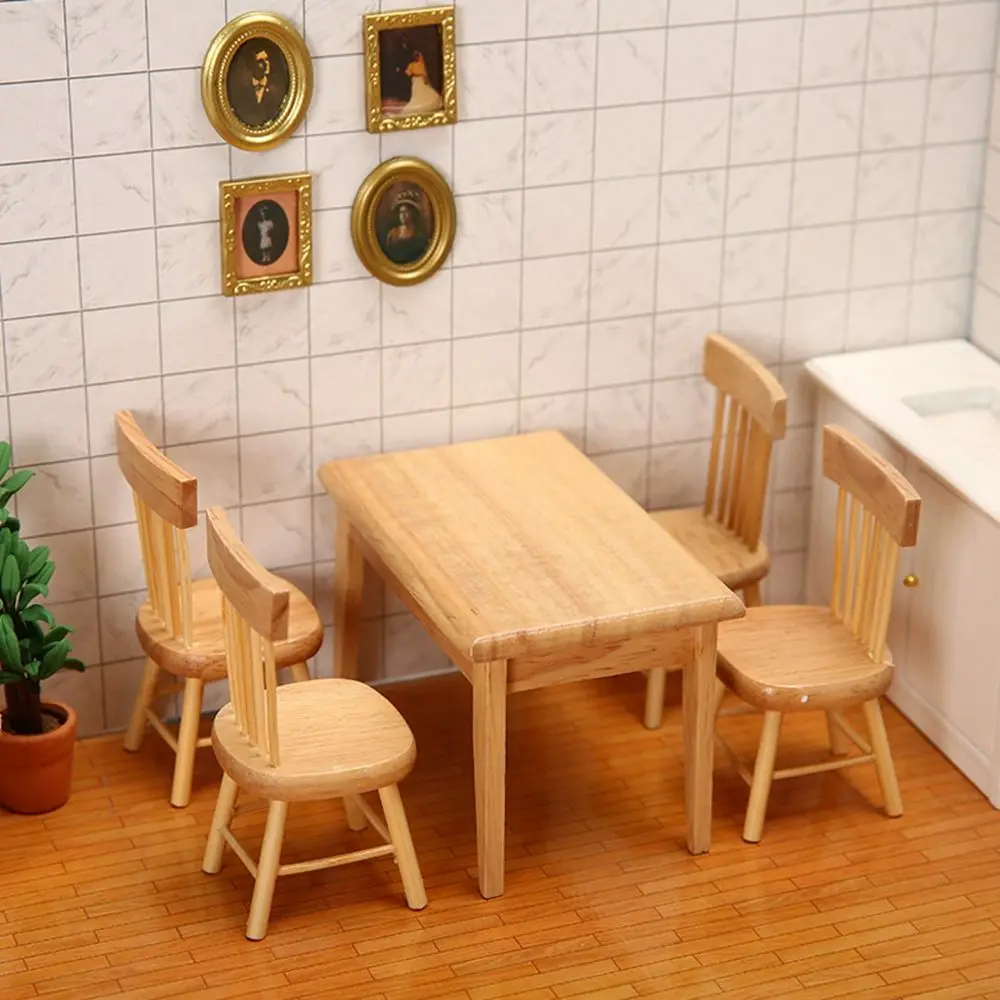1/12 Dollhouse Decoration Miniature Table Furniture Toys Simulation Chair Model Set Wooden White Dining Table Doll Accessories