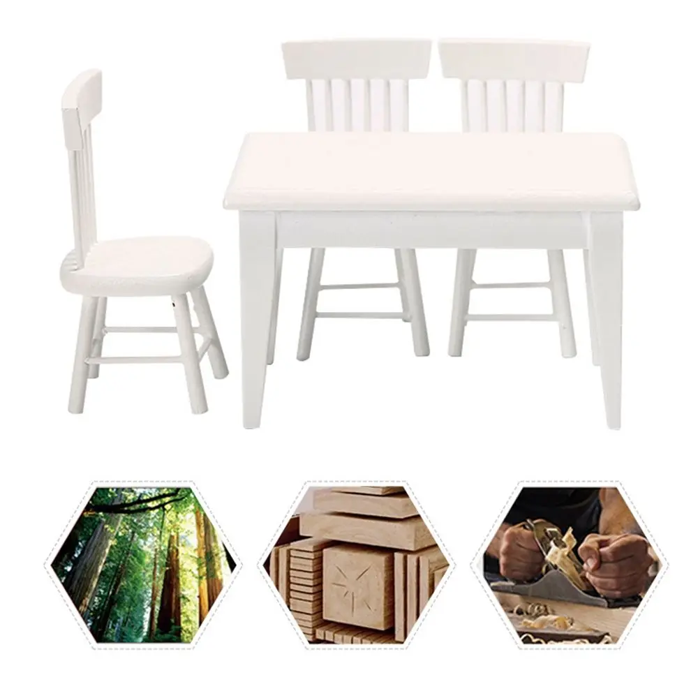 1/12 Dollhouse Decoration Miniature Table Furniture Toys Simulation Chair Model Set Wooden White Dining Table Doll Accessories
