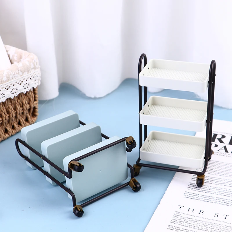 1:12 Dollhouse Trolley Dining Car Shelf Bookshelf with Wheels Storage Display Rack Furniture Accessories For Doll House Decor
