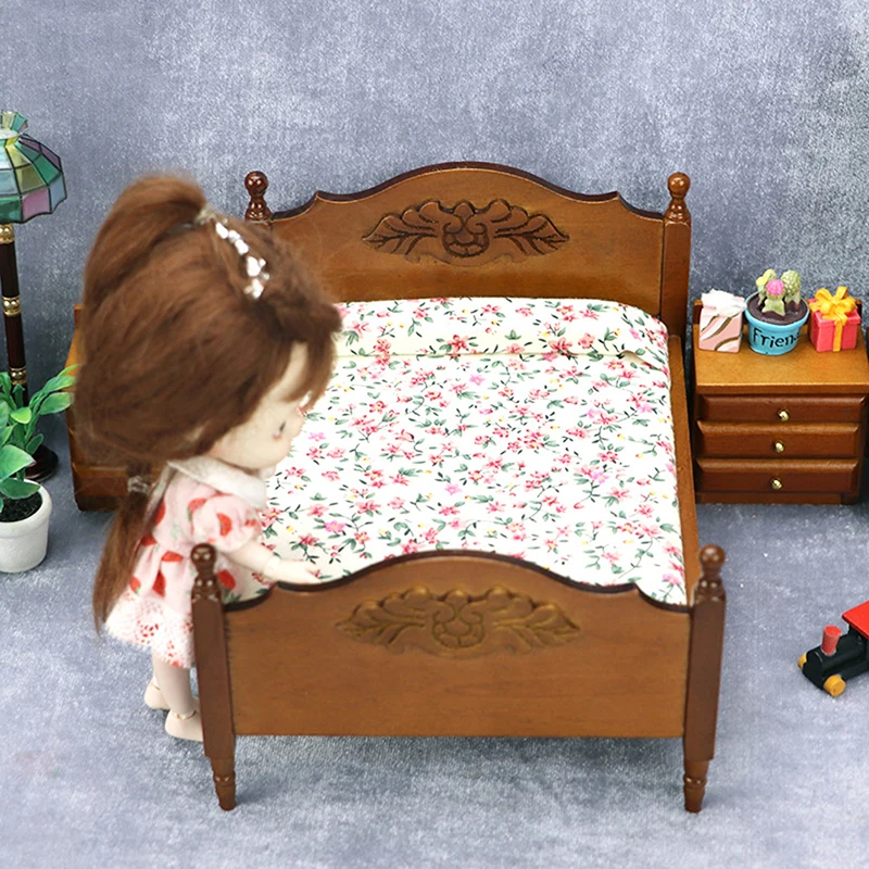 1/12 Dollhouse Metal/Wooden Mini Single/Double Bed Bedroom Furniture Toy Living Room Furniture Model Handmade Toy