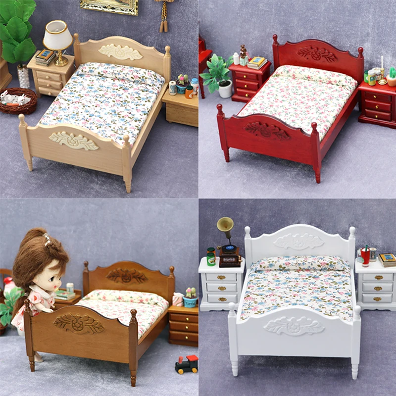 1/12 Dollhouse Metal/Wooden Mini Single/Double Bed Bedroom Furniture Toy Living Room Furniture Model Handmade Toy