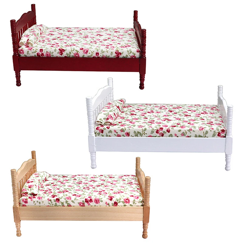 1/12 Dollhouse Metal/Wooden Mini Single/Double Bed Bedroom Furniture Toy Living Room Furniture Model Handmade Toy