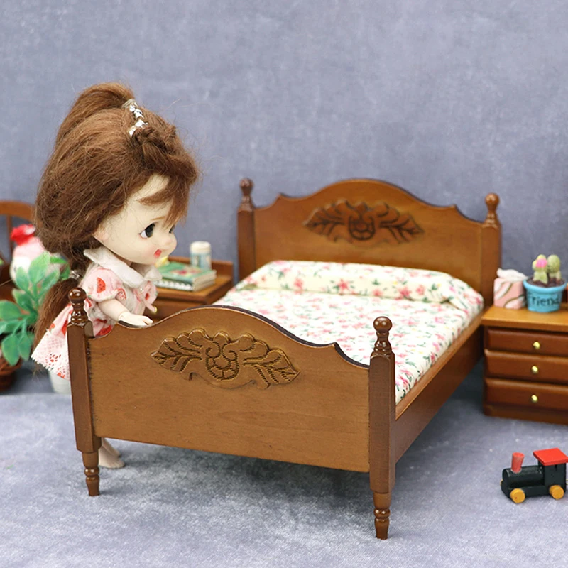 1/12 Dollhouse Metal/Wooden Mini Single/Double Bed Bedroom Furniture Toy Living Room Furniture Model Handmade Toy