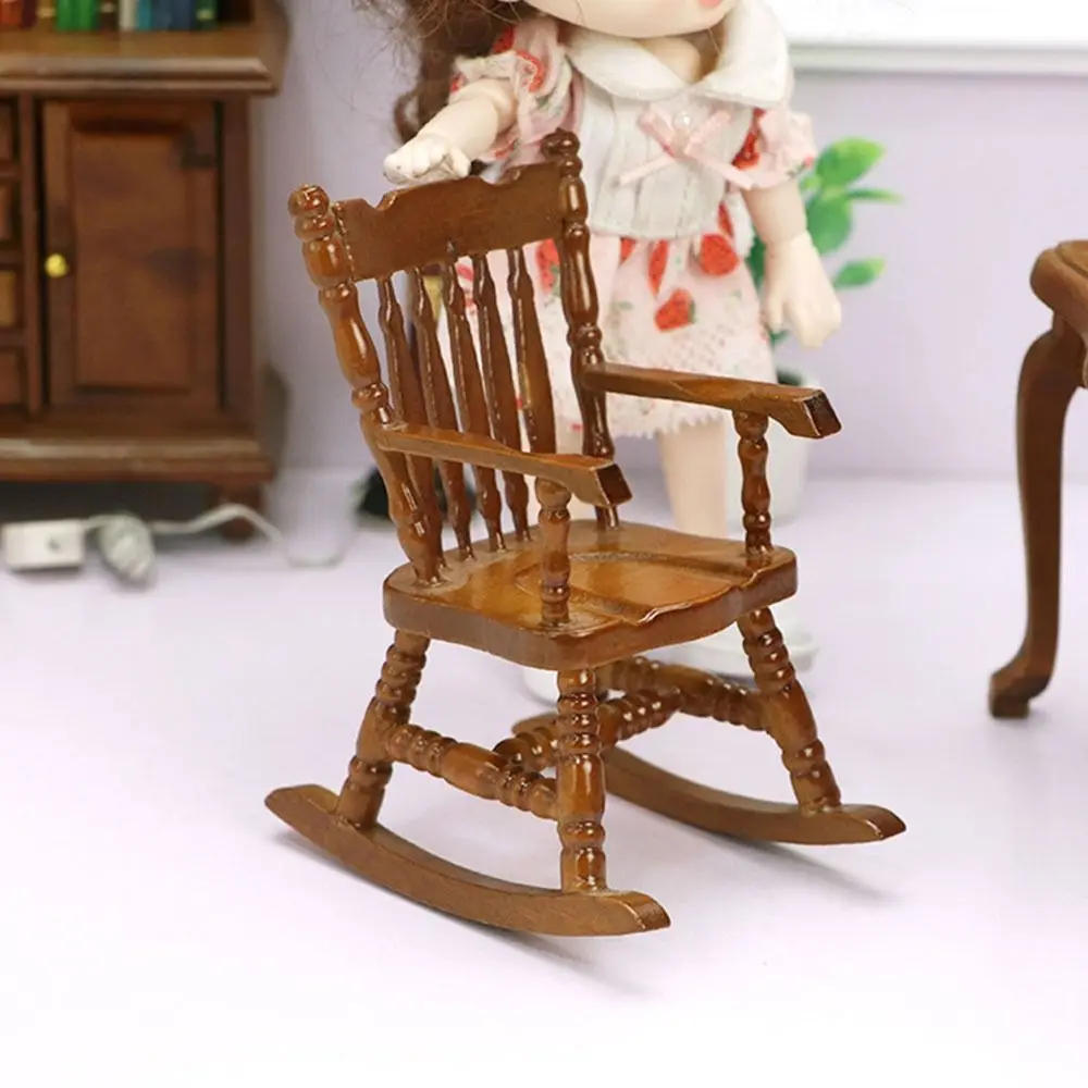 1/12 Dollhouse Miniature Rocking Chair Wooden Stool Armchair Modle Toys Furniture Pretend Play Doll House Decor Accessories