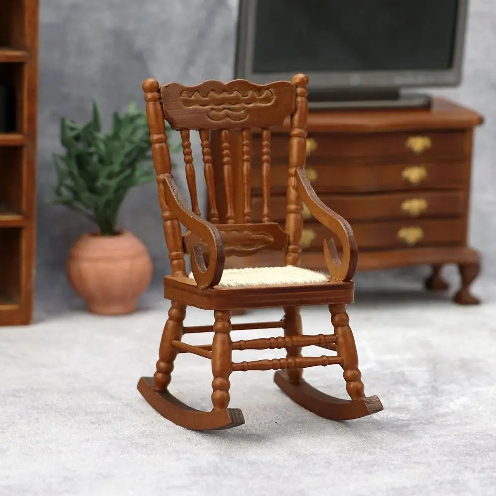 1/12 Dollhouse Miniature Rocking Chair Wooden Stool Armchair Modle Toys Furniture Pretend Play Doll House Decor Accessories