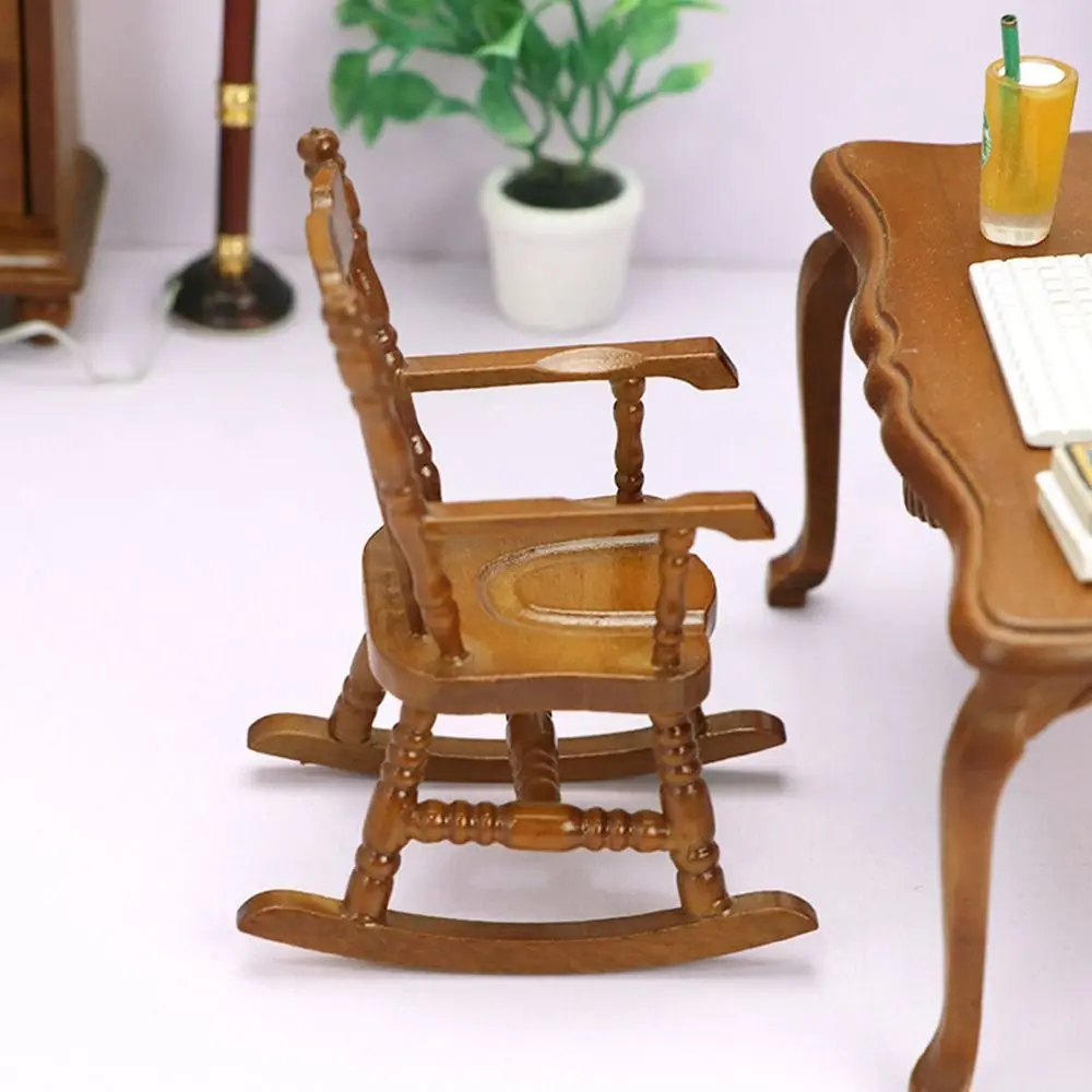 1/12 Dollhouse Miniature Rocking Chair Wooden Stool Armchair Modle Toys Furniture Pretend Play Doll House Decor Accessories