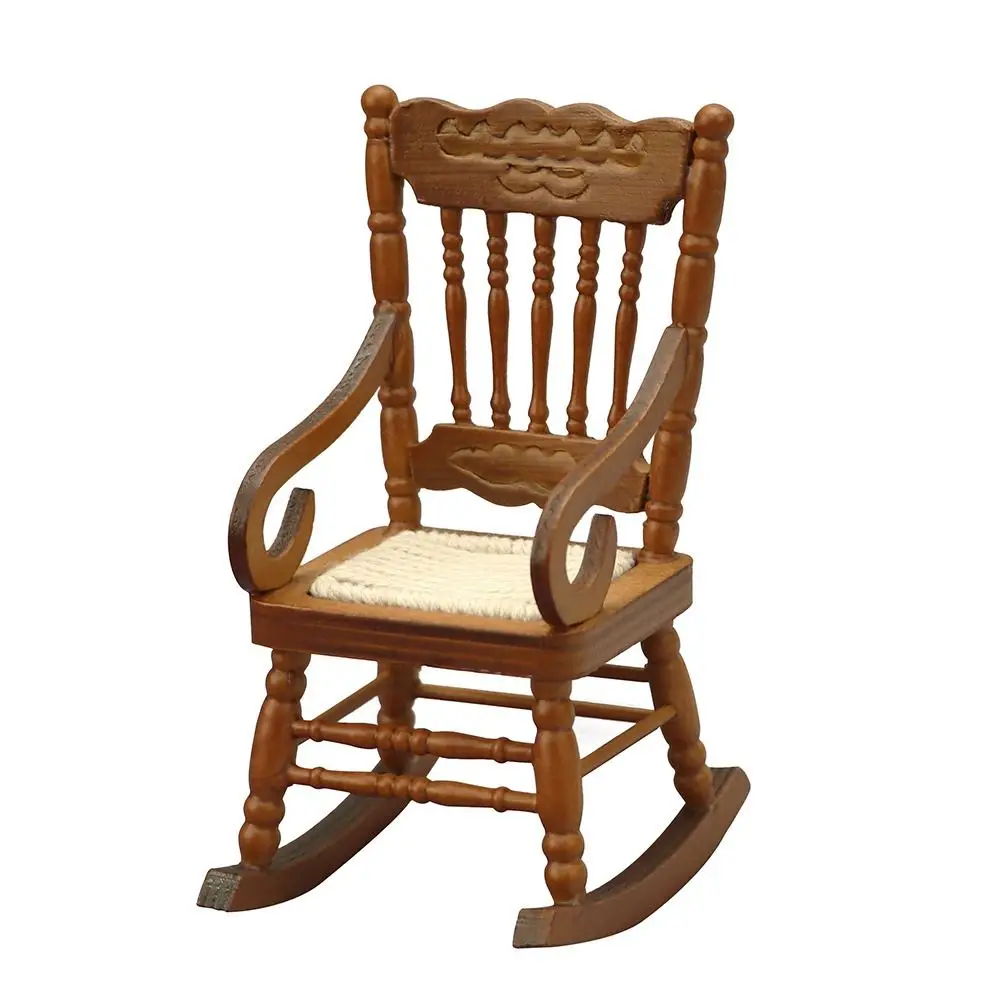 1/12 Dollhouse Miniature Rocking Chair Wooden Stool Armchair Modle Toys Furniture Pretend Play Doll House Decor Accessories