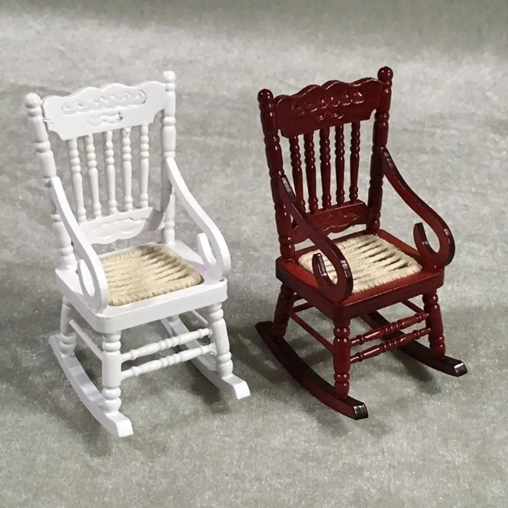 1/12 Dollhouse Miniature Rocking Chair Wooden Stool Armchair Modle Toys Furniture Pretend Play Doll House Decor Accessories