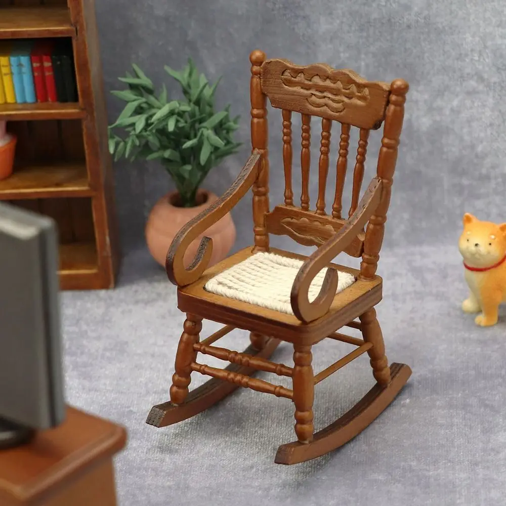 1/12 Dollhouse Miniature Rocking Chair Wooden Stool Armchair Modle Toys Furniture Pretend Play Doll House Decor Accessories
