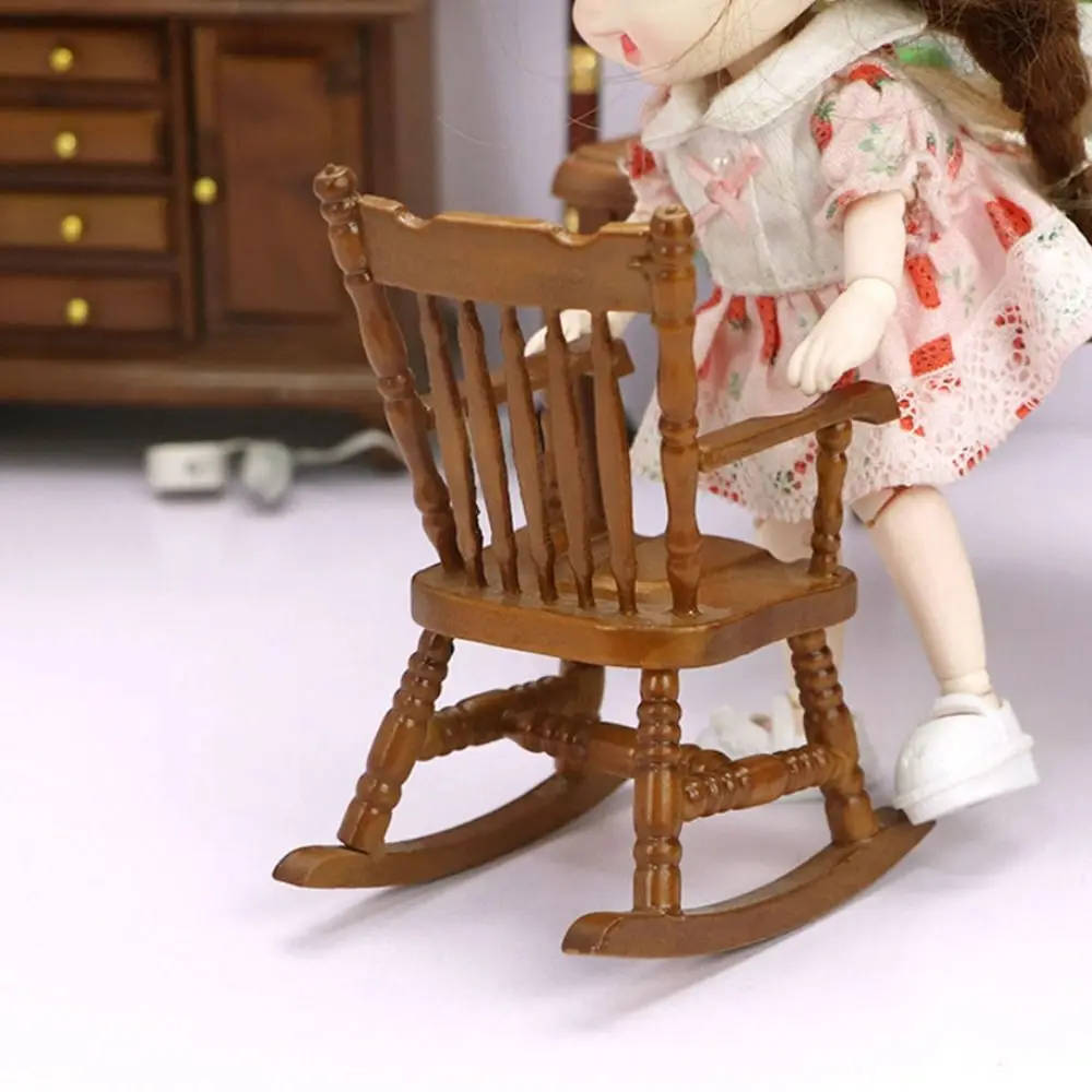 1/12 Dollhouse Miniature Rocking Chair Wooden Stool Armchair Modle Toys Furniture Pretend Play Doll House Decor Accessories