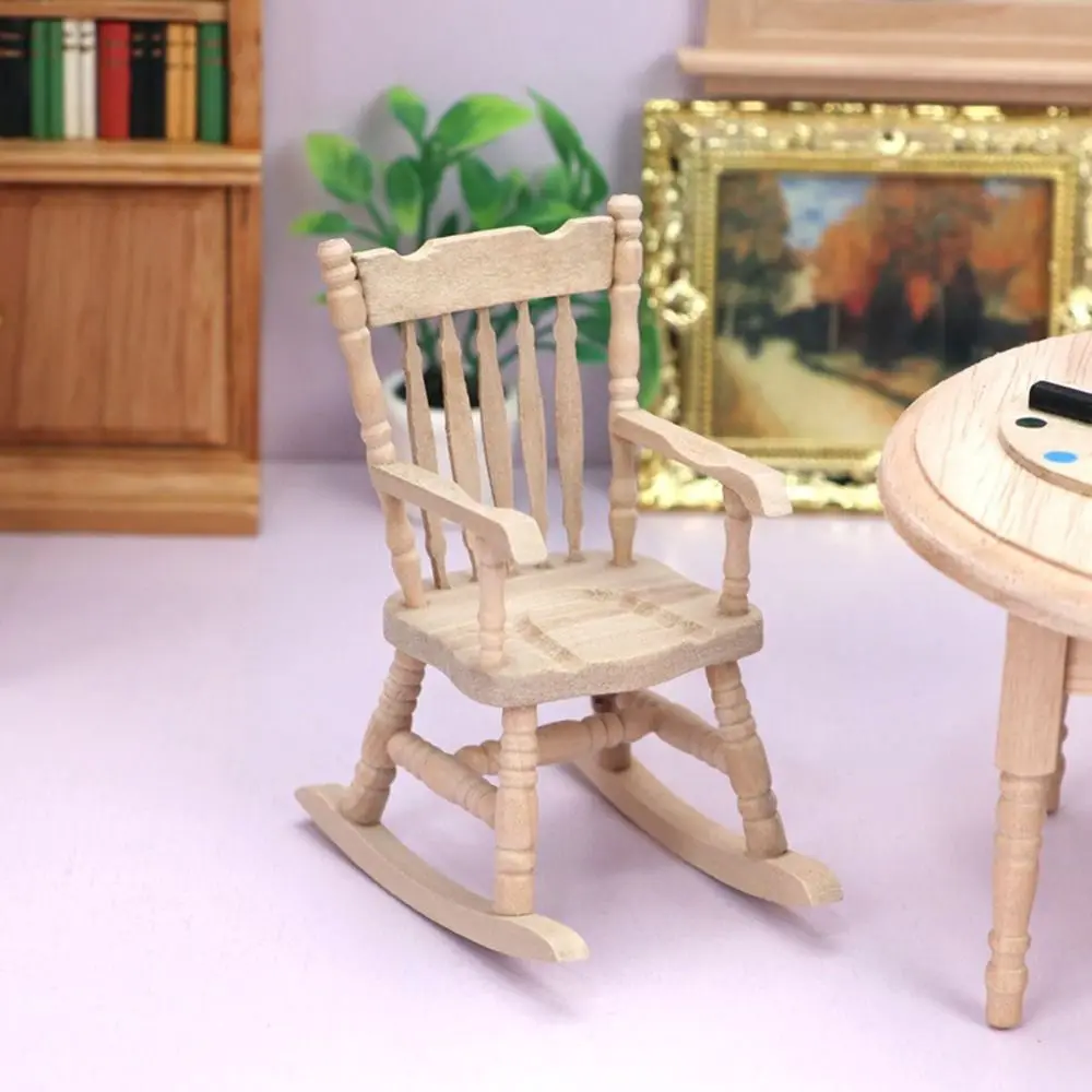 1/12 Dollhouse Miniature Rocking Chair Wooden Stool Armchair Modle Toys Furniture Pretend Play Doll House Decor Accessories