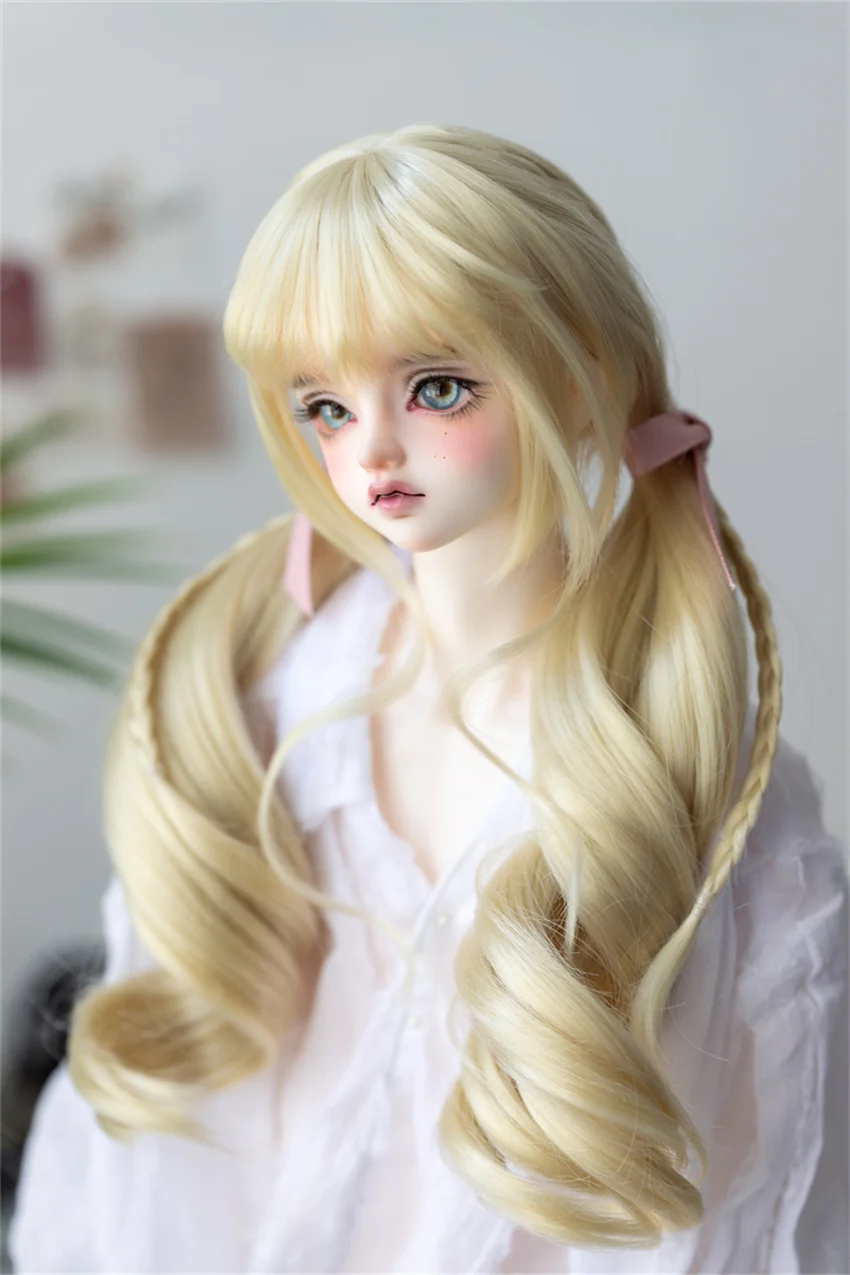 BJD/SD Doll Wig Toys Girls Elegant 1/3 1/4 High Temperature Silk Pink Gray Golden Curly Double Ponytail Gifts Doll Accessories