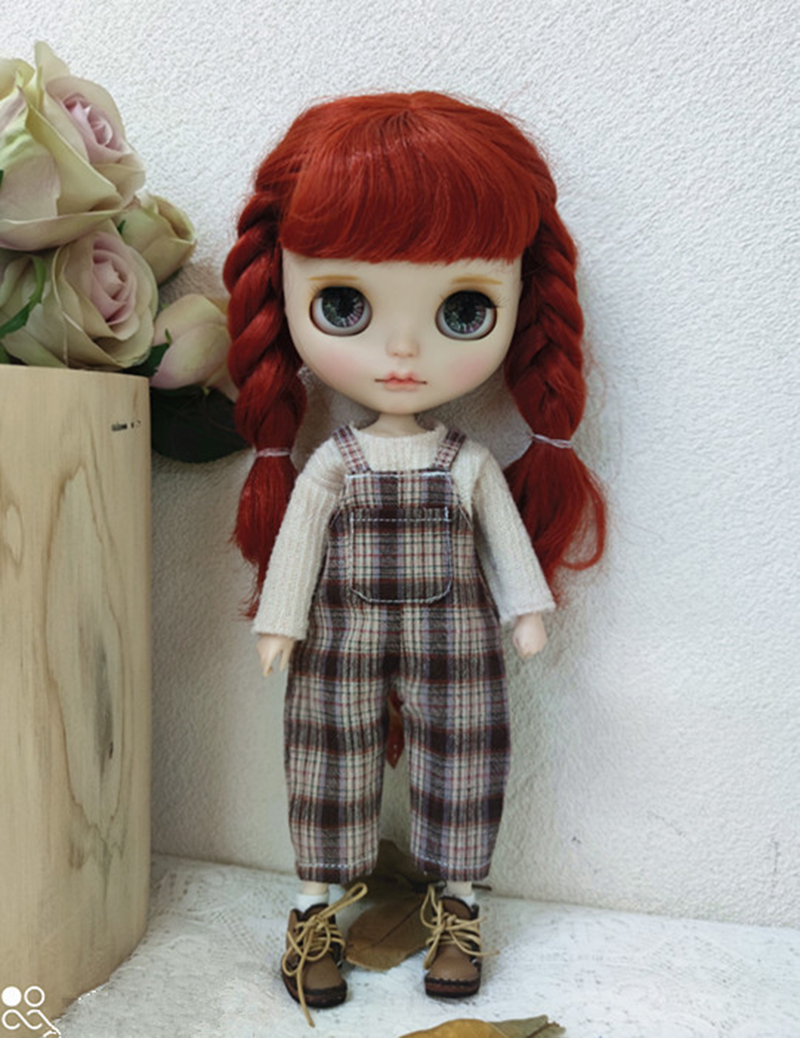 New Vintage Blyth Doll Clothing Casual Plaid Long Sleeve Top Strap Pants Ymy Licca Azones Ob24 Ob27 Doll Accessories