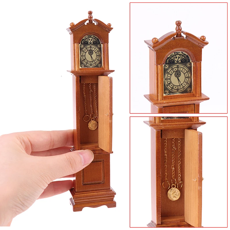 Vintage 1/12 Dollhouse Miniature Grandfather Clock Wooden Mini Model Furniture Toy DIY Doll House Decoration Accessories