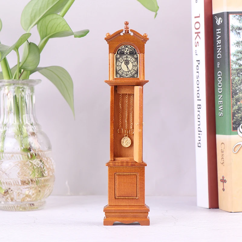 Vintage 1/12 Dollhouse Miniature Grandfather Clock Wooden Mini Model Furniture Toy DIY Doll House Decoration Accessories