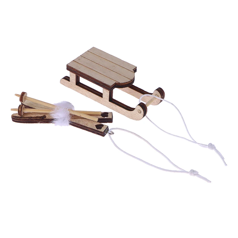 1Pc Dollhouse Miniature Sleigh Sled Ski Poles Pendant Christmas Scene Decoration Dolls House Xmas Accessories Kids Toys Gift