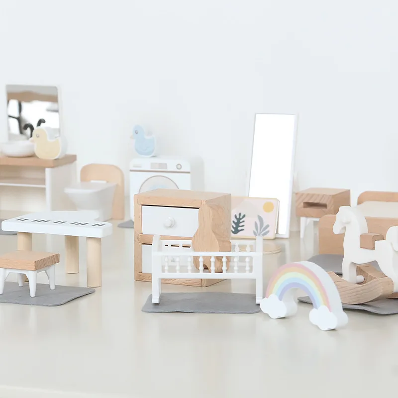 Wooden Furniture Miniature Toy Mini Wood Dolls Family Doll Kids Children House Play Toy Happy Dollhouse Boys Figures Girls Gifts