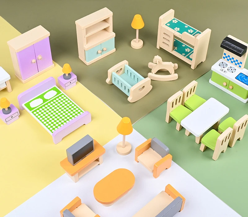 Wooden Furniture Miniature Toy Mini Wood Dolls Family Doll Kids Children House Play Toy Happy Dollhouse Boys Figures Girls Gifts