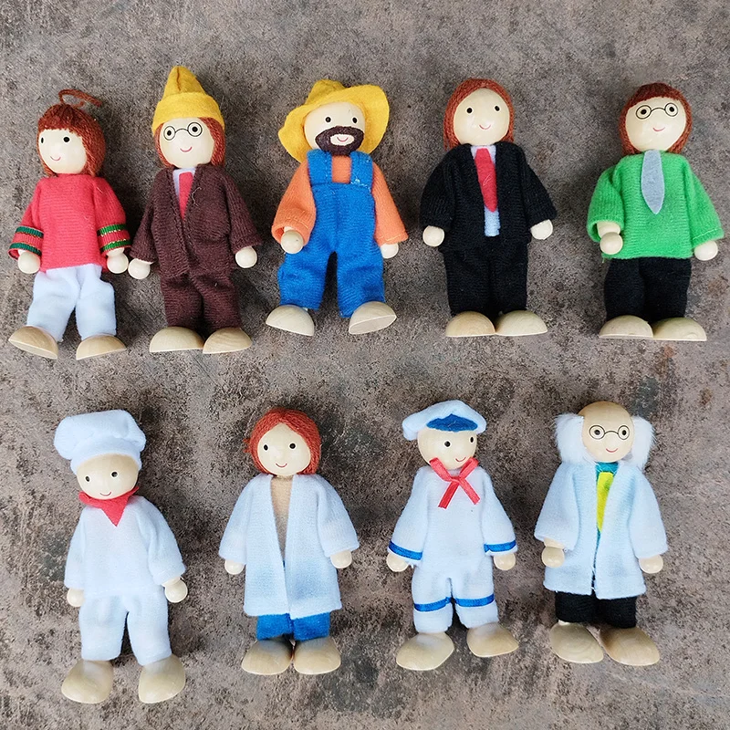 Wooden Furniture Miniature Toy Mini Wood Dolls Family Doll Kids Children House Play Toy Happy Dollhouse Boys Figures Girls Gifts