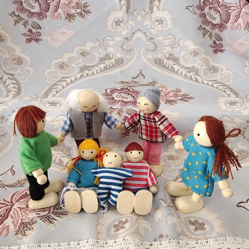 Wooden Furniture Miniature Toy Mini Wood Dolls Family Doll Kids Children House Play Toy Happy Dollhouse Boys Figures Girls Gifts