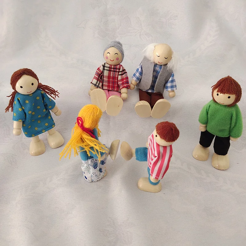 Wooden Furniture Miniature Toy Mini Wood Dolls Family Doll Kids Children House Play Toy Happy Dollhouse Boys Figures Girls Gifts