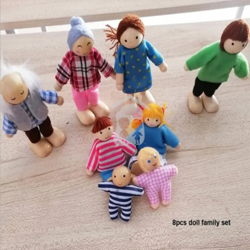 Wooden Furniture Miniature Toy Mini Wood Dolls Family Doll Kids Children House Play Toy Happy Dollhouse Boys Figures Girls Gifts