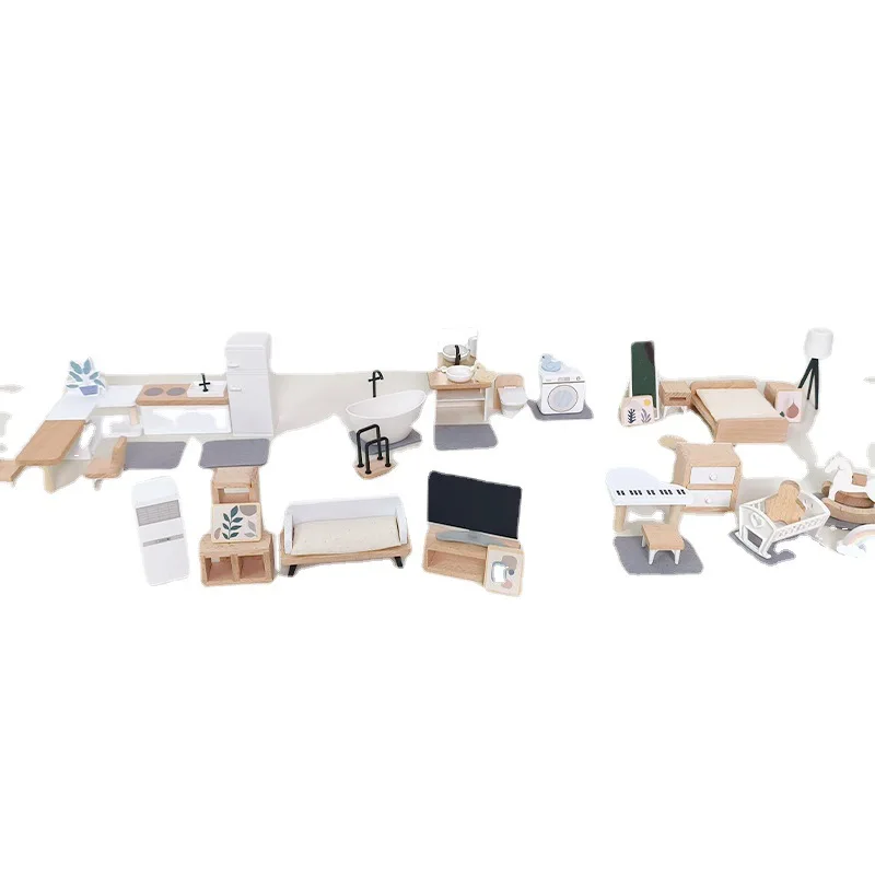 Wooden Furniture Miniature Toy Mini Wood Dolls Family Doll Kids Children House Play Toy Happy Dollhouse Boys Figures Girls Gifts