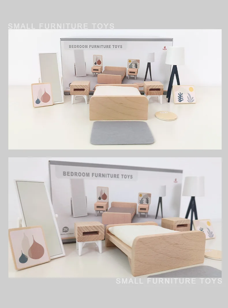 Wooden Furniture Miniature Toy Mini Wood Dolls Family Doll Kids Children House Play Toy Happy Dollhouse Boys Figures Girls Gifts
