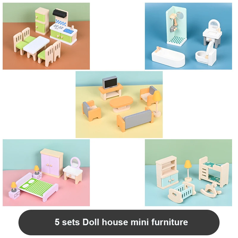Wooden Furniture Miniature Toy Mini Wood Dolls Family Doll Kids Children House Play Toy Happy Dollhouse Boys Figures Girls Gifts