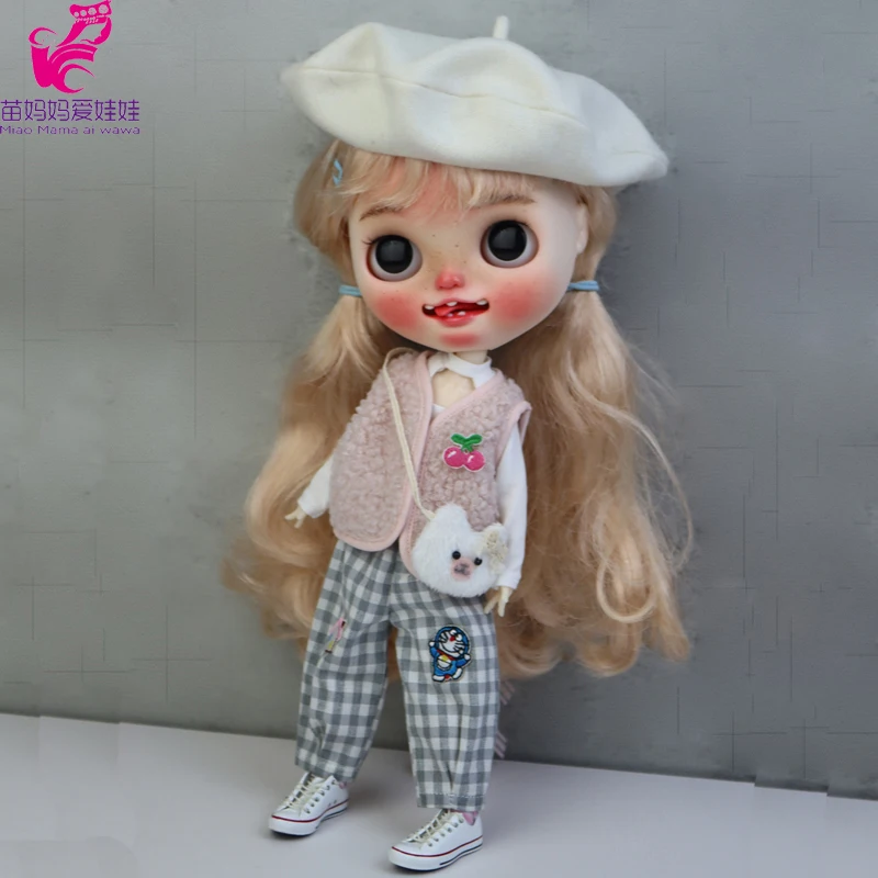 Blythe Coat Clothes Fur Vest Cartoon Plaid Pants For Ob24 Ob22 Azone Doll Winter Outfit
