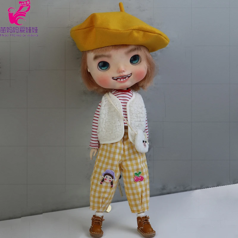 Blythe Coat Clothes Fur Vest Cartoon Plaid Pants For Ob24 Ob22 Azone Doll Winter Outfit