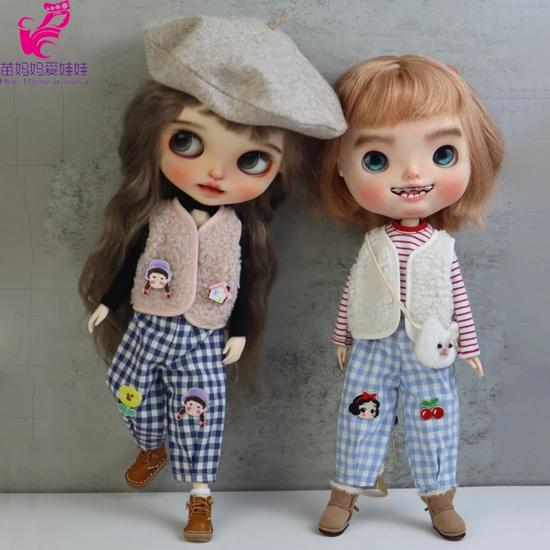 Blythe Coat Clothes Fur Vest Cartoon Plaid Pants For Ob24 Ob22 Azone Doll Winter Outfit