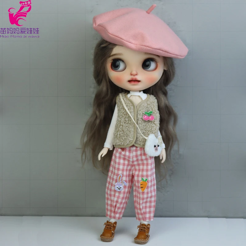 Blythe Coat Clothes Fur Vest Cartoon Plaid Pants For Ob24 Ob22 Azone Doll Winter Outfit