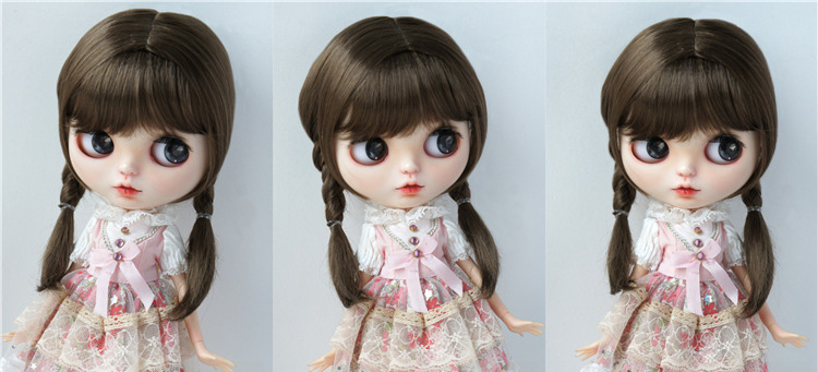 BJD Dolls Wig Blythe Girl Brown Cute Double Twist Braids Air Bangs for DIY Doll Accessories Size 9-10 ,10-11 Inch