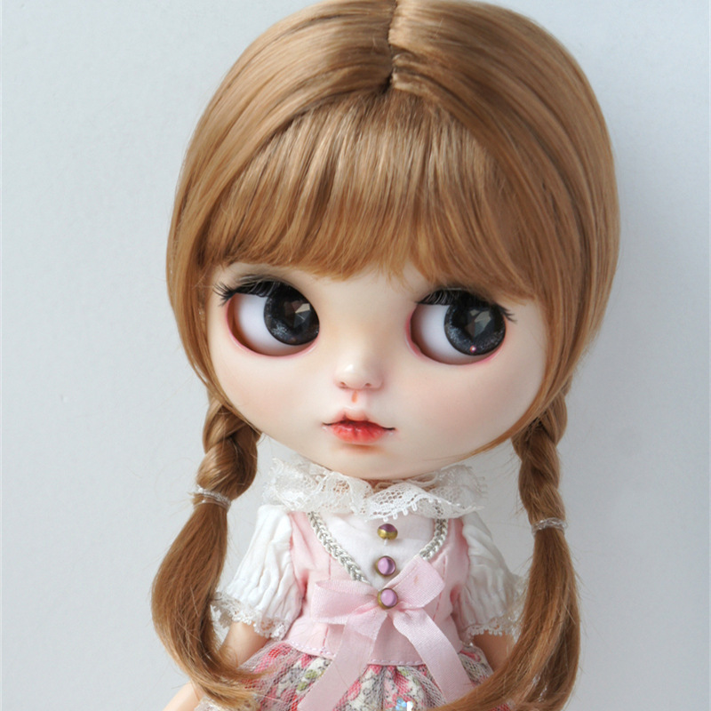 BJD Dolls Wig Blythe Girl Brown Cute Double Twist Braids Air Bangs for DIY Doll Accessories Size 9-10 ,10-11 Inch