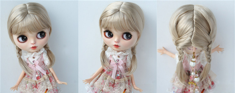 BJD Dolls Wig Blythe Girl Brown Cute Double Twist Braids Air Bangs for DIY Doll Accessories Size 9-10 ,10-11 Inch