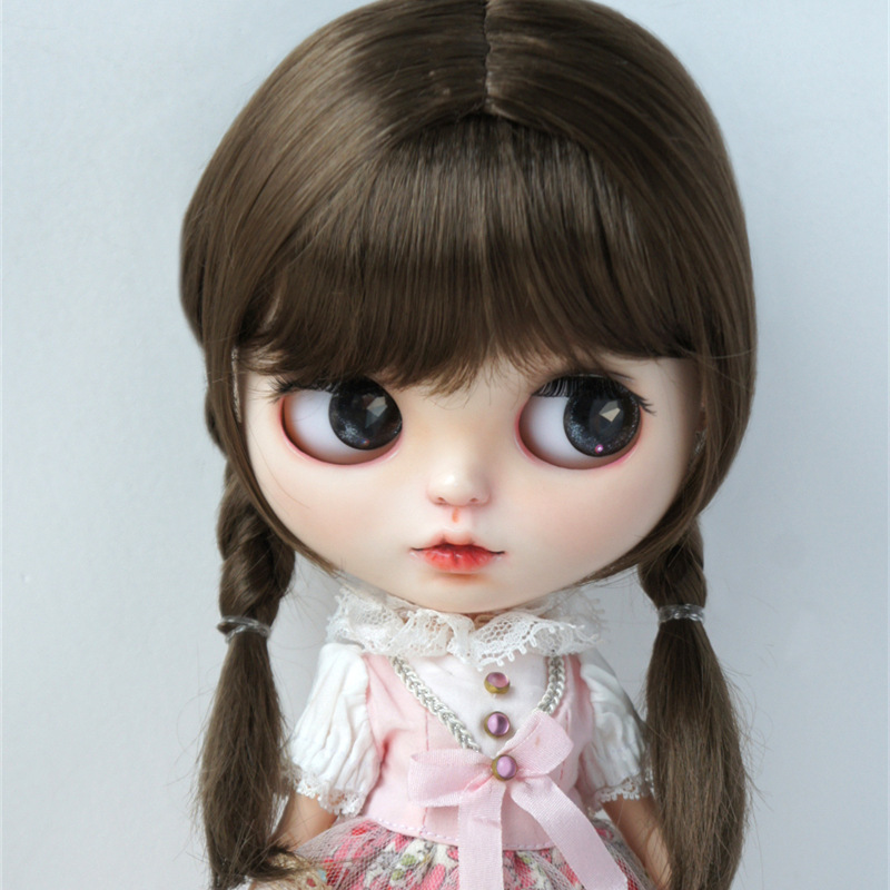 BJD Dolls Wig Blythe Girl Brown Cute Double Twist Braids Air Bangs for DIY Doll Accessories Size 9-10 ,10-11 Inch