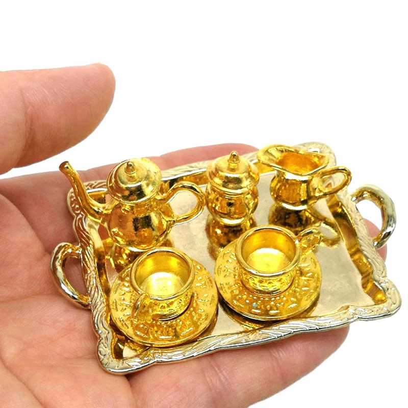 10Pcs 1: 12 Dollhouse Miniature Furniture Accessories Dining Ware Metal Tea Cup Plate Model Set For Doll House Decor Pretend Toy