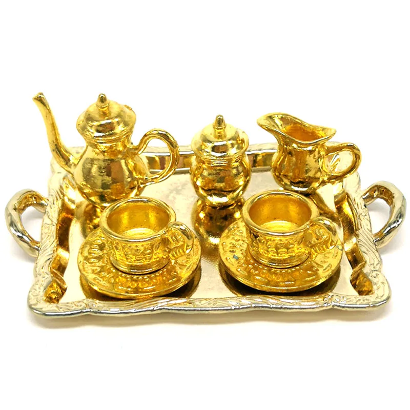 10Pcs 1: 12 Dollhouse Miniature Furniture Accessories Dining Ware Metal Tea Cup Plate Model Set For Doll House Decor Pretend Toy